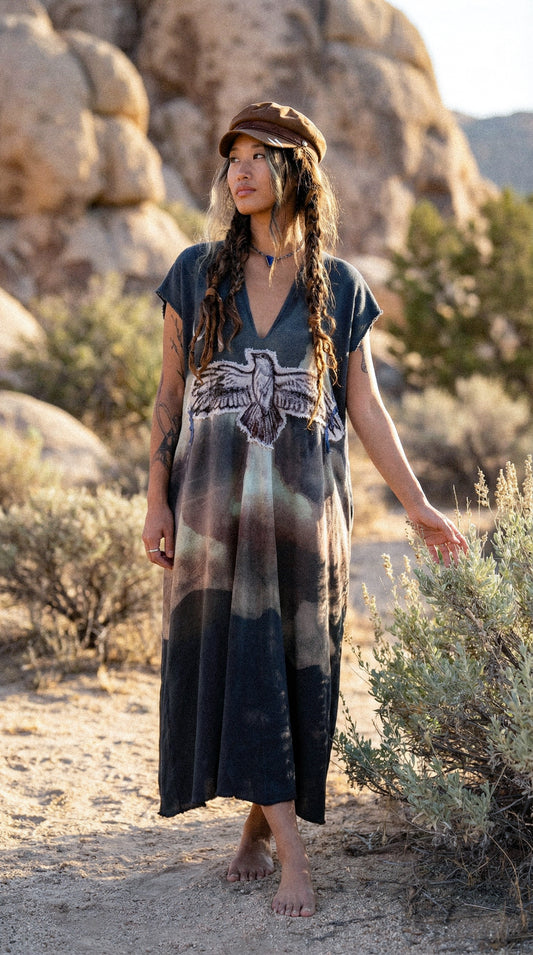 Take Flight Over the Horizon Henka Dress-OOAK-Limited Series- Hand painted -hand dyed-100% deadstock open weave fluid cotton-Regular Size Henka Dress(fits small-Large) Transformable- Tie back