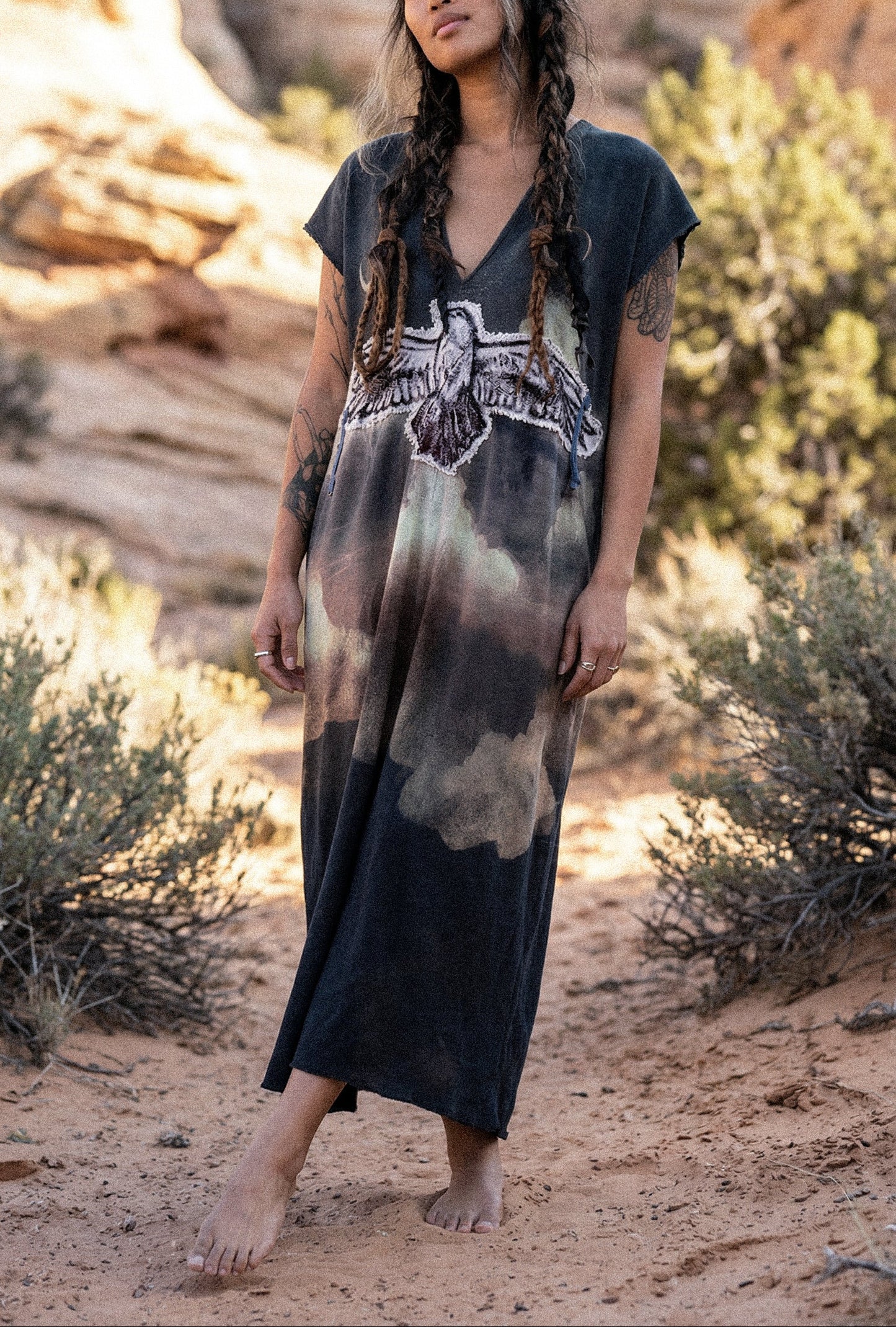Take Flight Over the Horizon Henka Dress-OOAK-Limited Series- Hand painted -hand dyed-100% deadstock open weave fluid cotton-Regular Size Henka Dress(fits small-Large) Transformable- Tie back