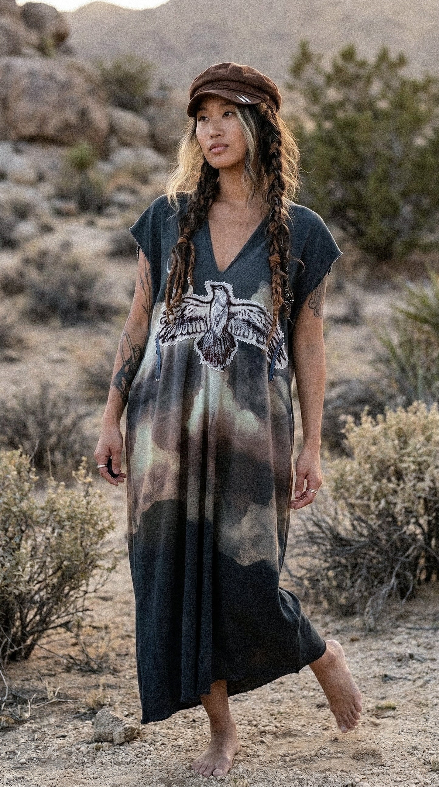 Take Flight Over the Horizon Henka Dress-OOAK-Limited Series- Hand painted -hand dyed-100% deadstock open weave fluid cotton-Regular Size Henka Dress(fits small-Large) Transformable- Tie back