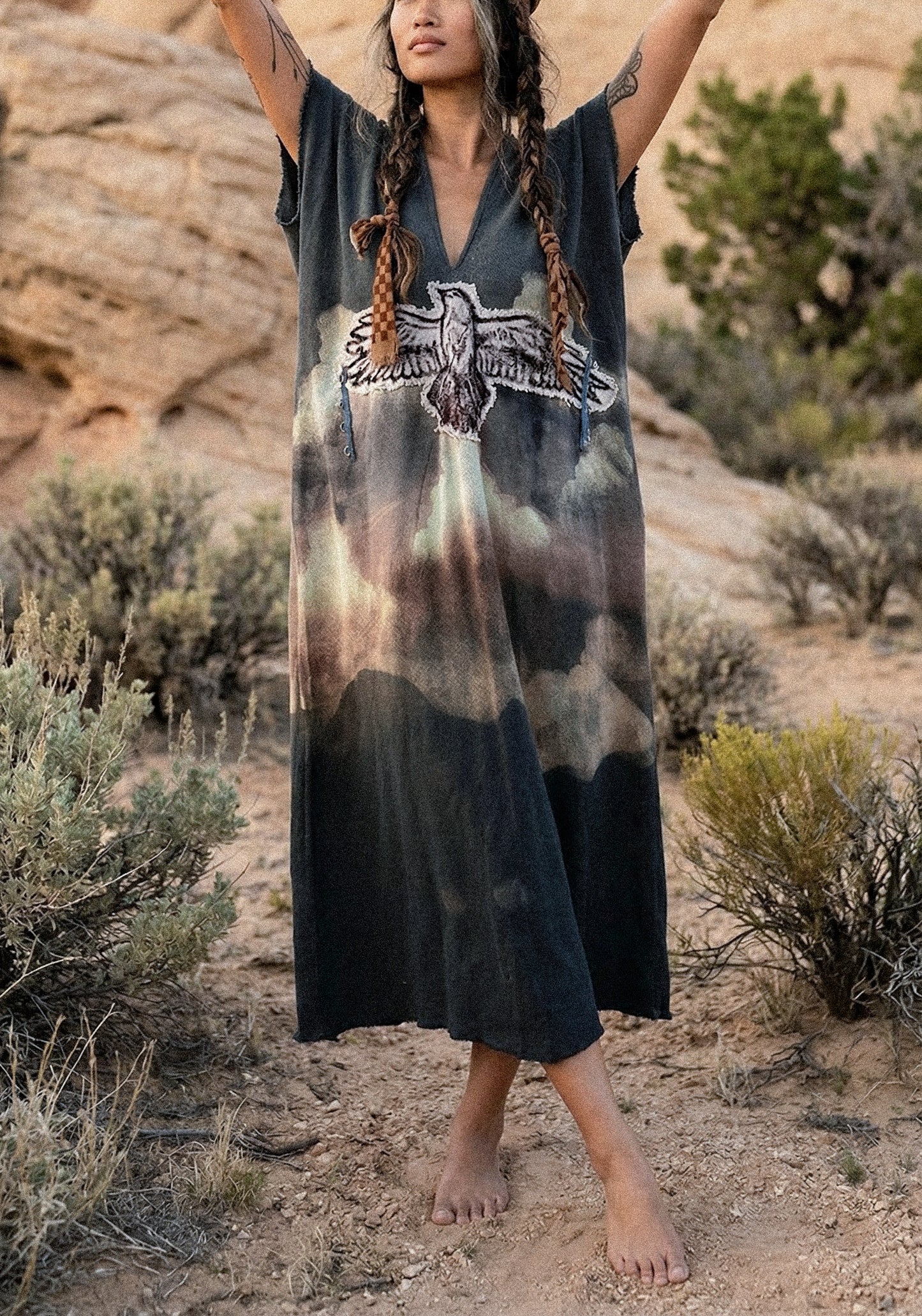 Take Flight Over the Horizon Henka Dress-OOAK-Limited Series- Hand painted -hand dyed-100% deadstock open weave fluid cotton-Regular Size Henka Dress(fits small-Large) Transformable- Tie back
