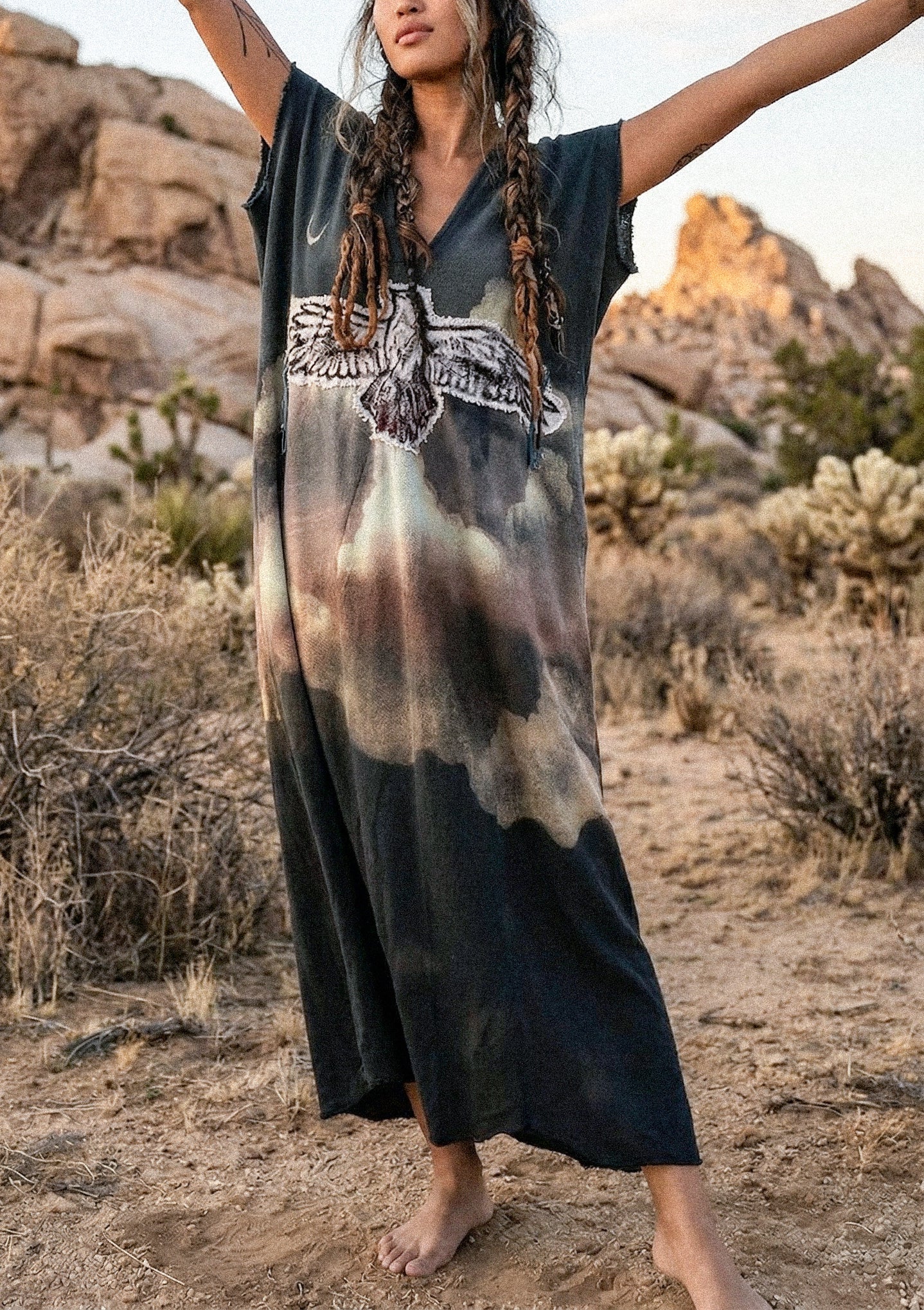 Take Flight Over the Horizon Henka Dress-OOAK-Limited Series- Hand painted -hand dyed-100% deadstock open weave fluid cotton-Regular Size Henka Dress(fits small-Large) Transformable- Tie back