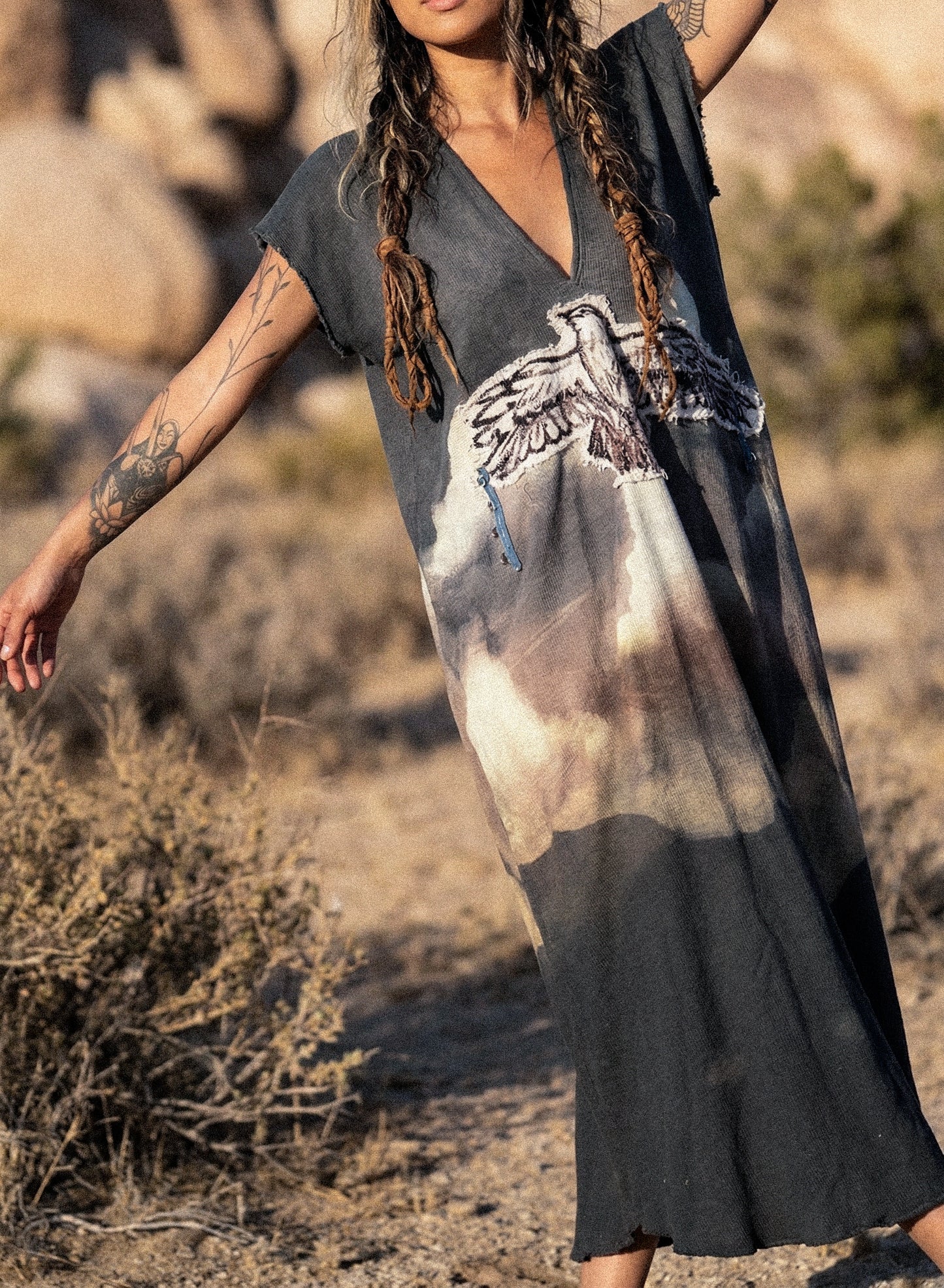 Take Flight Over the Horizon Henka Dress-OOAK-Limited Series- Hand painted -hand dyed-100% deadstock open weave fluid cotton-Regular Size Henka Dress(fits small-Large) Transformable- Tie back