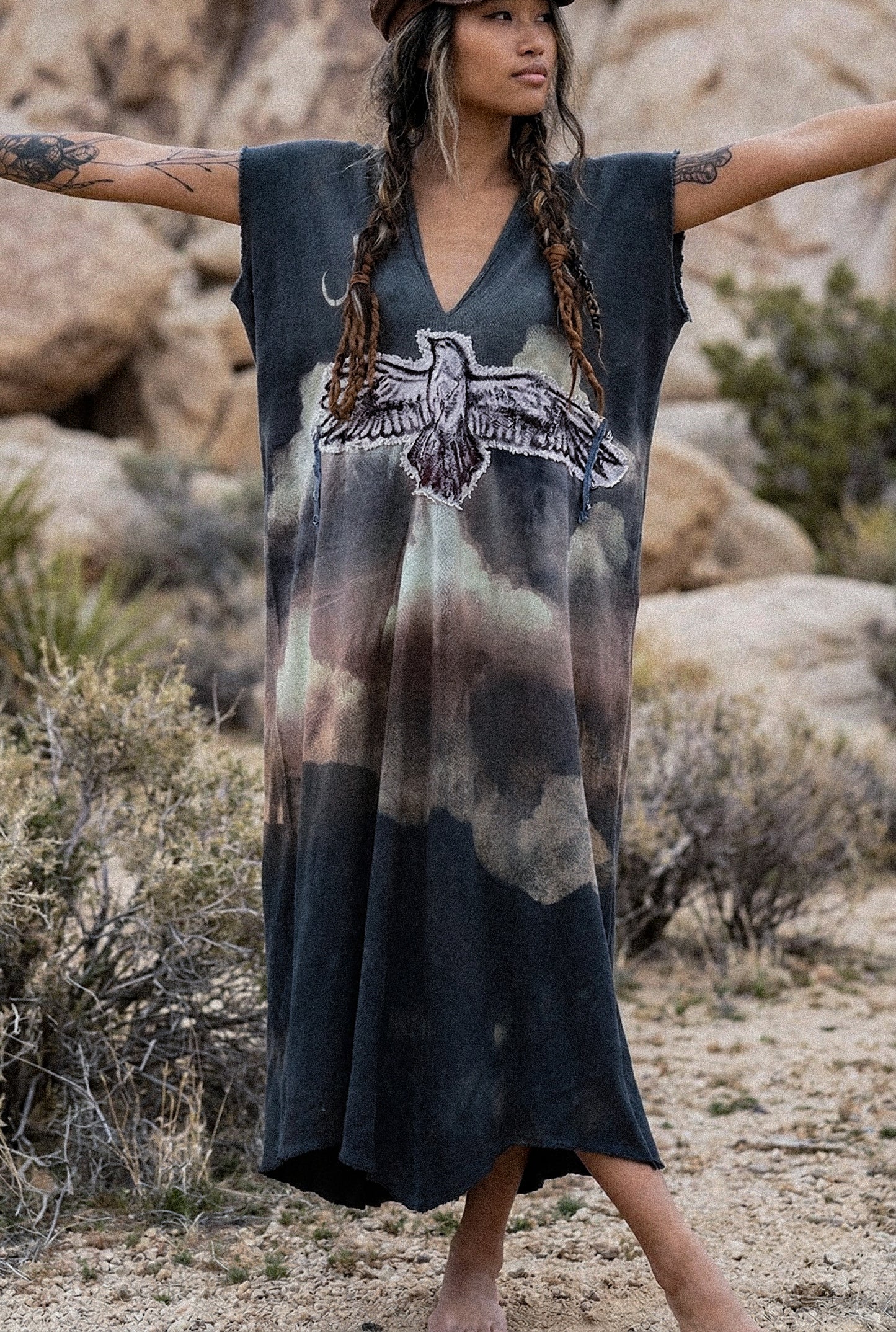 Take Flight Over the Horizon Henka Dress-OOAK-Limited Series- Hand painted -hand dyed-100% deadstock open weave fluid cotton-Regular Size Henka Dress(fits small-Large) Transformable- Tie back