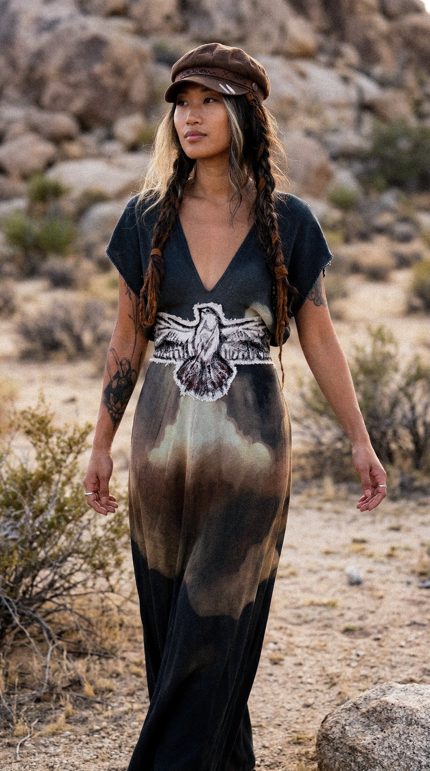 Take Flight Over the Horizon Henka Dress-OOAK-Limited Series- Hand painted -hand dyed-100% deadstock open weave fluid cotton-Regular Size Henka Dress(fits small-Large) Transformable- Tie back