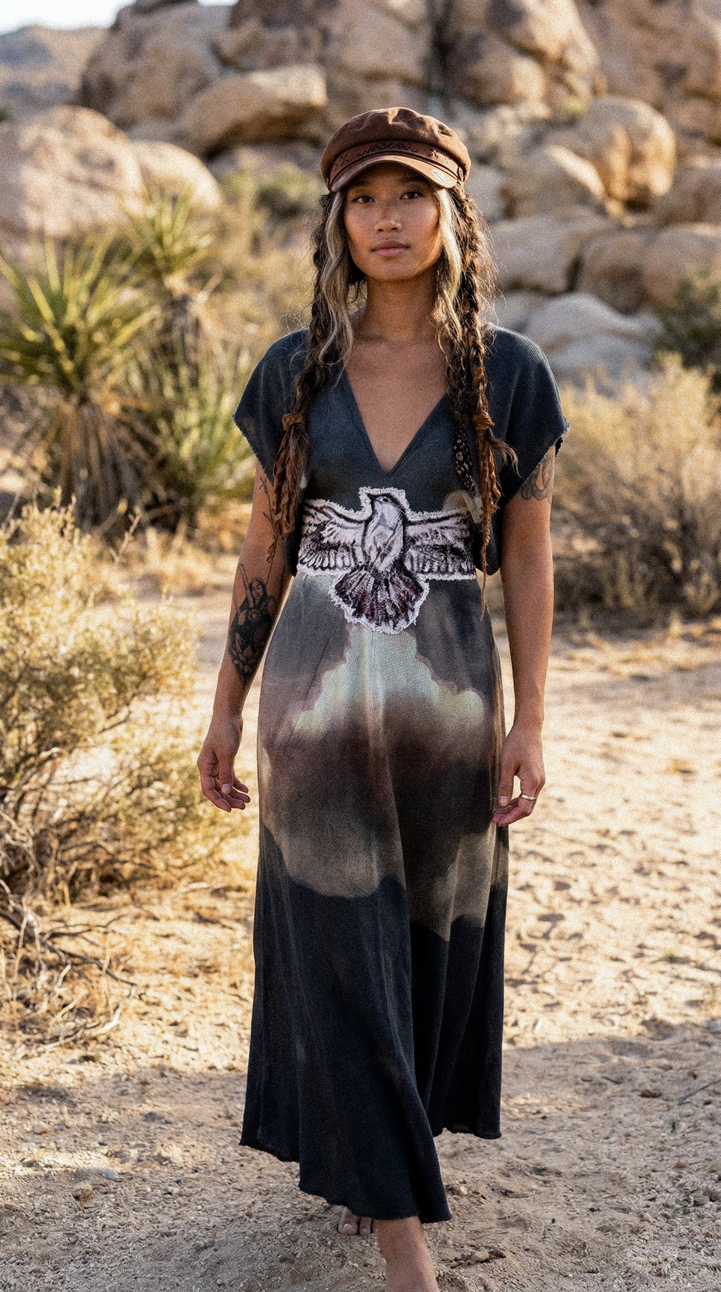Take Flight Over the Horizon Henka Dress-OOAK-Limited Series- Hand painted -hand dyed-100% deadstock open weave fluid cotton-Regular Size Henka Dress(fits small-Large) Transformable- Tie back