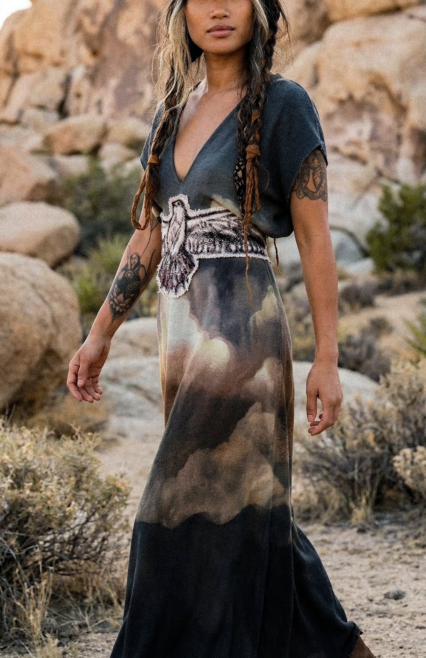 Take Flight Over the Horizon Henka Dress-OOAK-Limited Series- Hand painted -hand dyed-100% deadstock open weave fluid cotton-Regular Size Henka Dress(fits small-Large) Transformable- Tie back