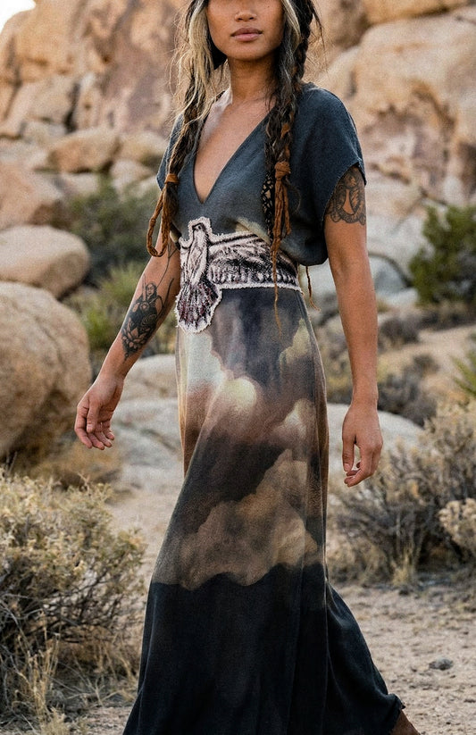 Take Flight Over the Horizon Henka Dress-OOAK-Limited Series- Hand painted -hand dyed-100% deadstock open weave fluid cotton-Regular Size Henka Dress(fits small-Large) Transformable- Tie back