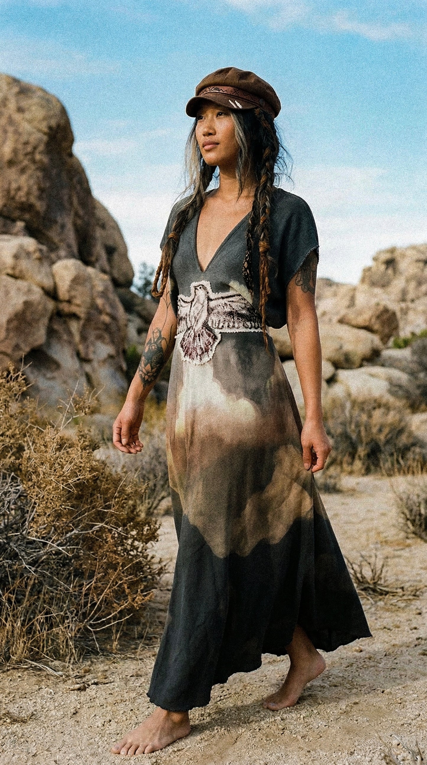 Take Flight Over the Horizon Henka Dress-OOAK-Limited Series- Hand painted -hand dyed-100% deadstock open weave fluid cotton-Regular Size Henka Dress(fits small-Large) Transformable- Tie back