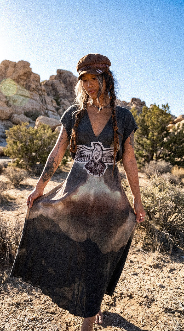 Take Flight Over the Horizon Henka Dress-OOAK-Limited Series- Hand painted -hand dyed-100% deadstock open weave fluid cotton-Regular Size Henka Dress(fits small-Large) Transformable- Tie back